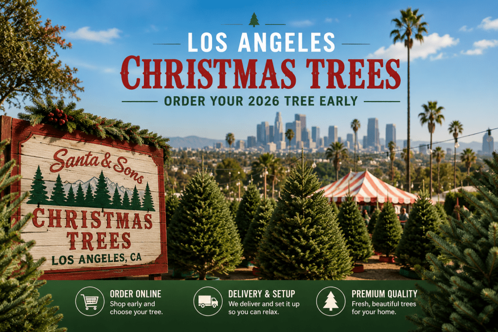 Los Angeles Christmas tree lot with fresh real Christmas trees, online ordering, delivery and setup for 2026.