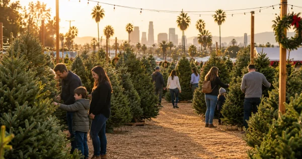 Families shopping for fresh Christmas trees at a Los Angeles lot at sunset, with the downtown skyline and palm trees in the background